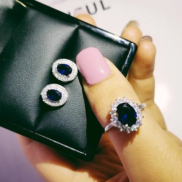 NEW SET 925 Sterling Silver Sapphire Earrings+Ring - Picture 4 of 10